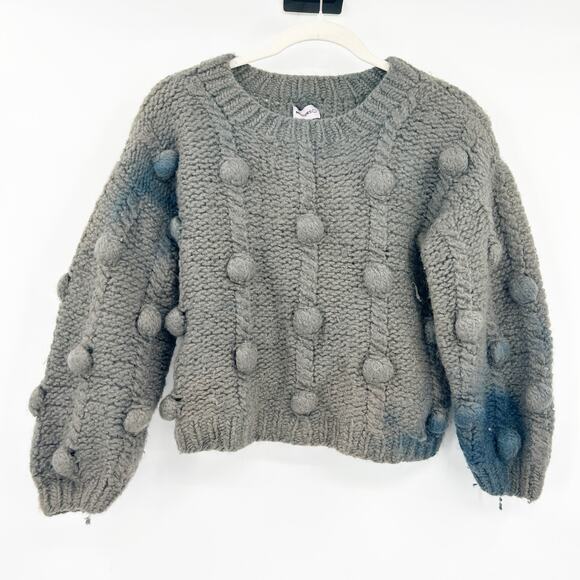 Mirstores Women Cozy Chunky Hand Knit Pom Pom Knot 100% Wool Sweater‎ XS Gray - Picture 1 of 6